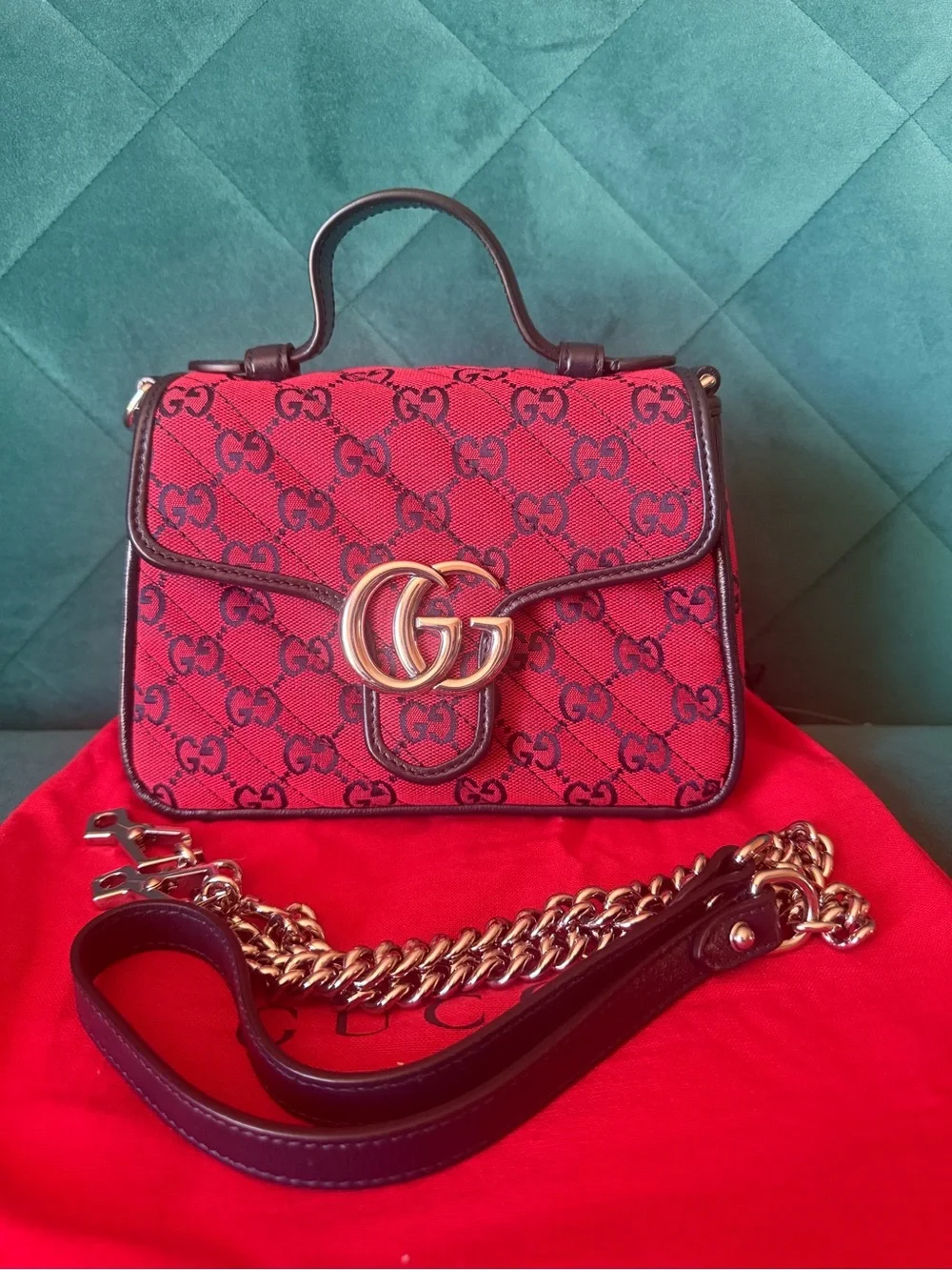 Gucci Red GG Marmont Top Handle Satchel with Black Trim